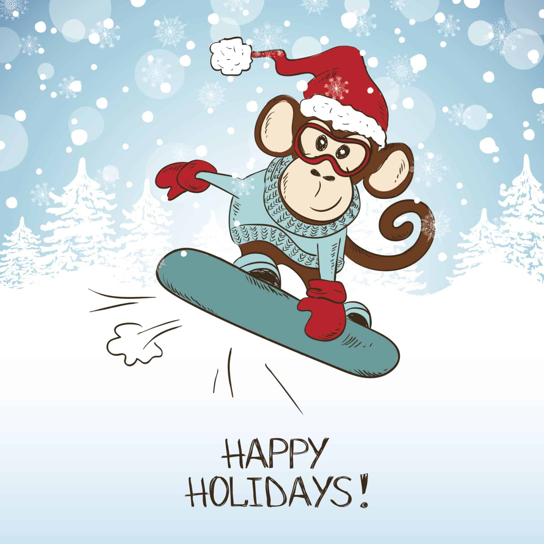 Happy Holidays! monkey on snowboard