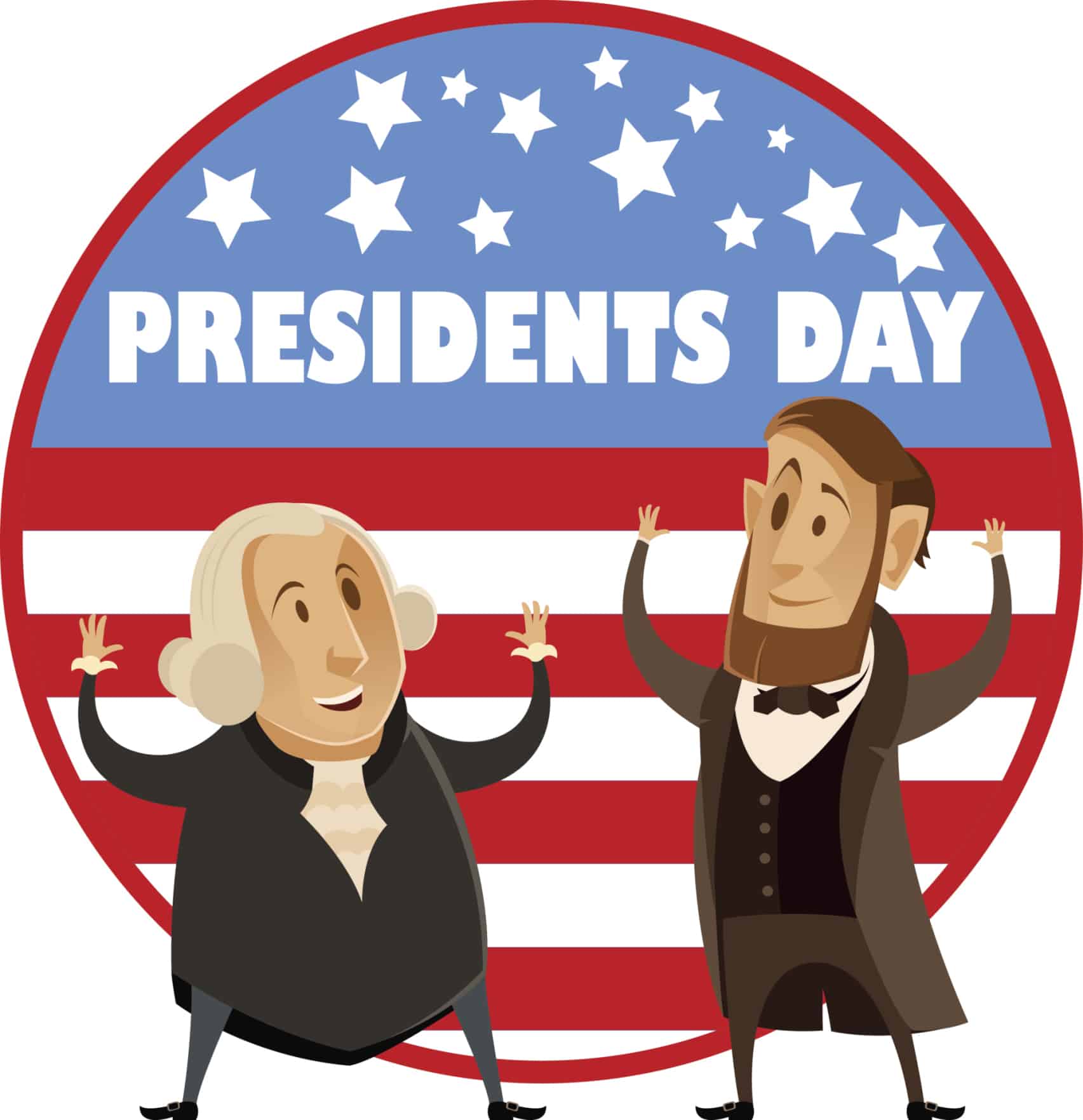 cartoon Washington & Lincoln celebrating Presidents Day