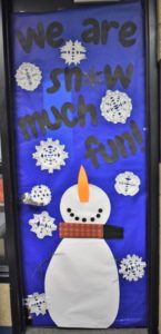 office door decorated with snowman and snowflakes