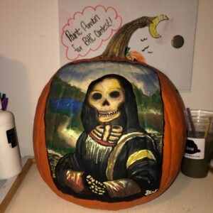 pumpkin painted with Mona Lisa as skeleton