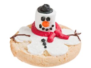 sugar cookie with melting snowman marshmallow & icing