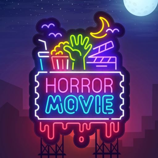 neon light of horror movie text and icons