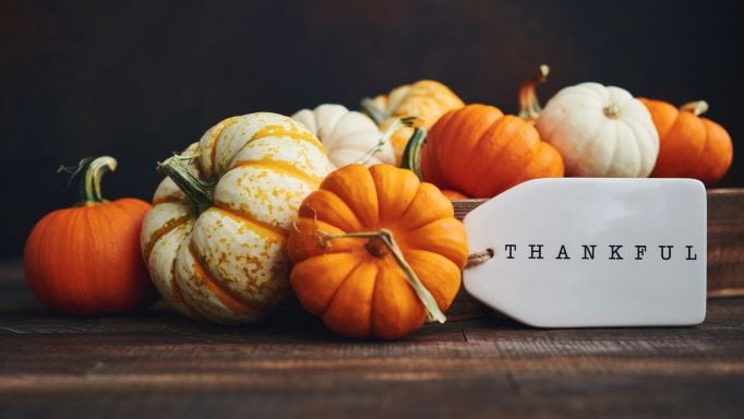 mini pumpkins and tag that says thankful
