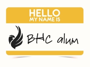 Nametag that says Hello my name is BHC alum