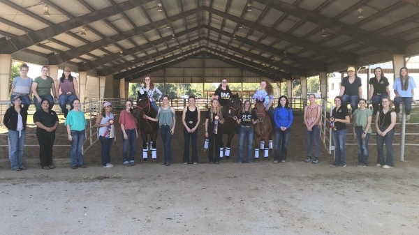 23 people in covered outdoor arena with 3 horses