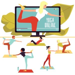 illustration of people doing yoga with instructor on screen
