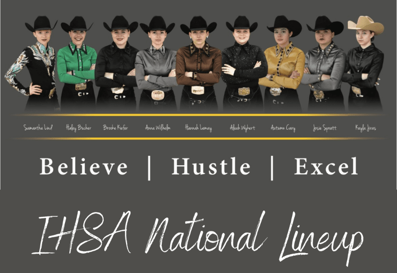 9 people in Western show attire with text Believe Hustle Excel