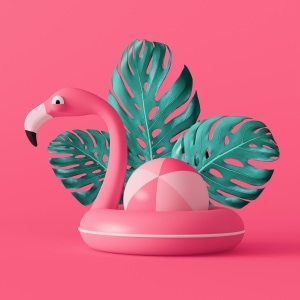 illustration of pink flamingo-shaped pool floatie with beach ball & palm leaves