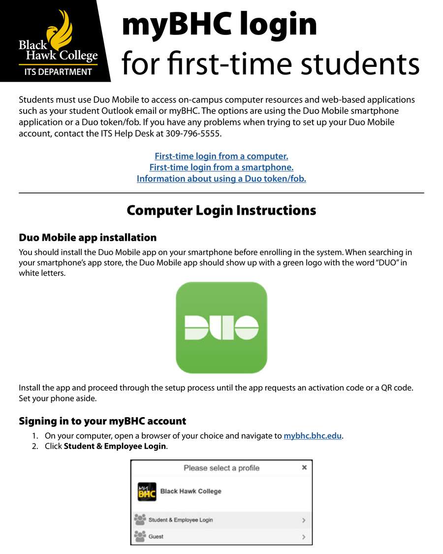 Screenshot of front page of mybhc login for first-time students