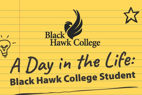 Illustration of lined yellow school paper with light bulb, star, bhc logo and text a day in the life black hawk college student.