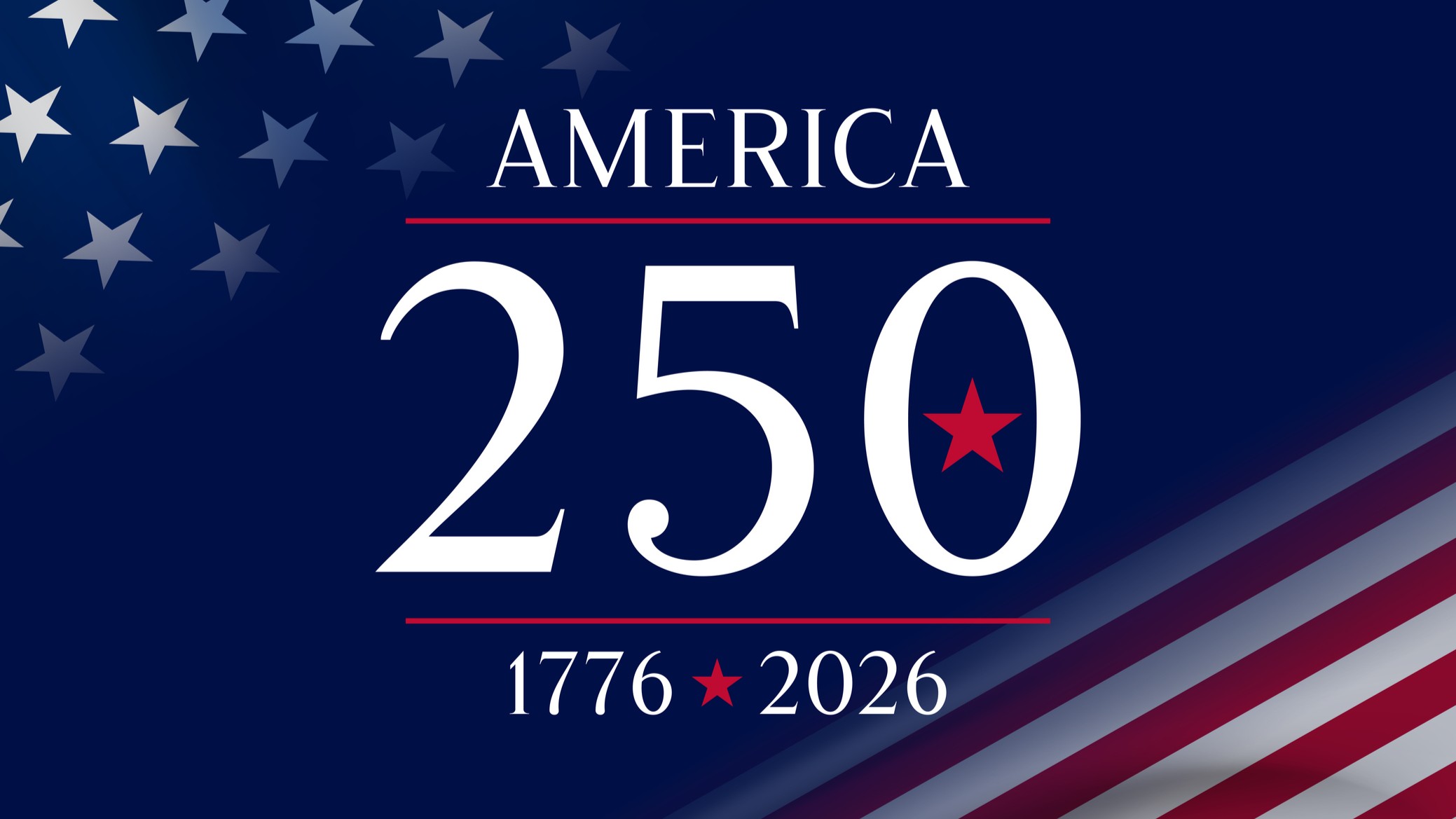 text America 250 1776-2026 with American flag background.
