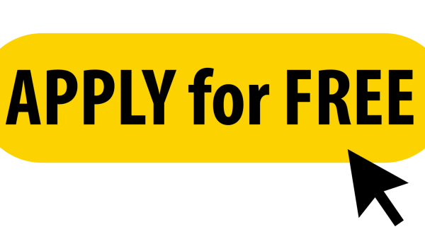 Computer pointer and oval bubble with text apply for free.