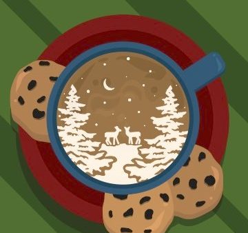 Illustration of 3 cookies and a cup of hot cocoa on a saucer with a winter scene on top of cocoa.