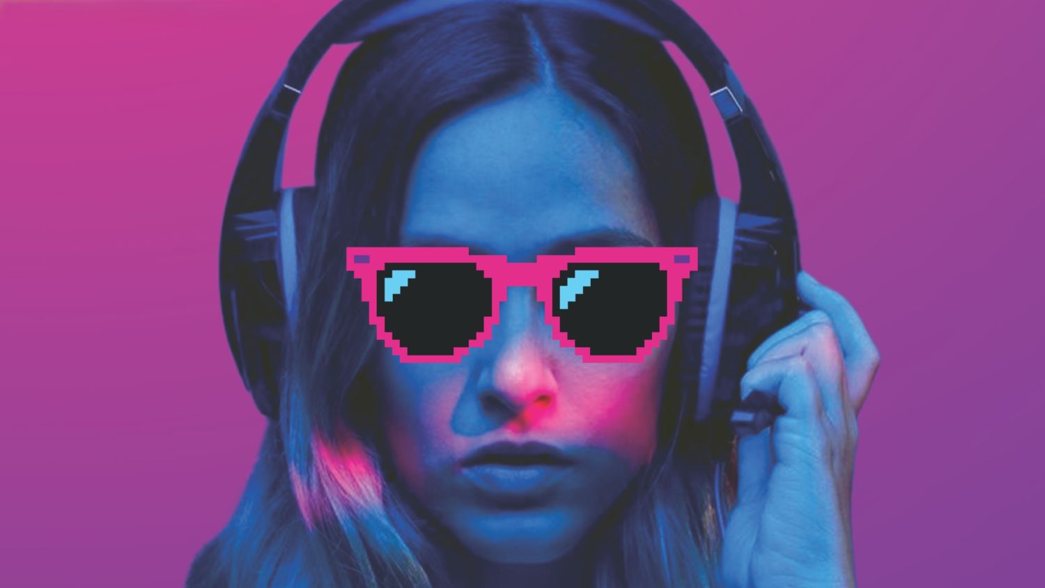 Person with long hair wearing headphones and sunglasses.