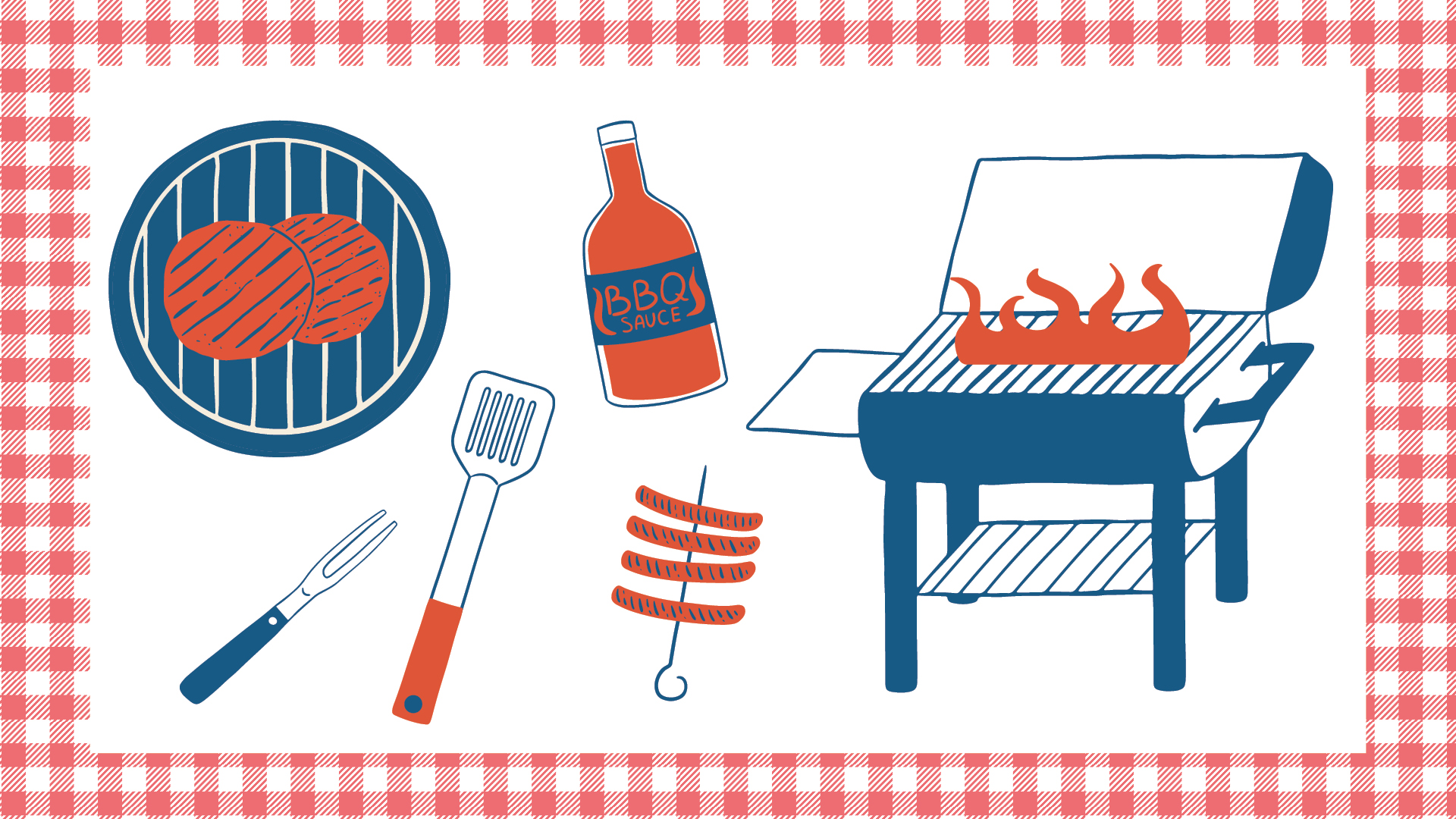illustration of bottle of BBQ sauce, grill, hot dogs on skewer, burgers on grill and grilling utensils.
