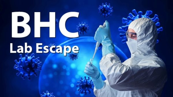 Scientist wearing protective clothing while putting a sample into a tube with illustration of viruses in background and text bhc lab escape.