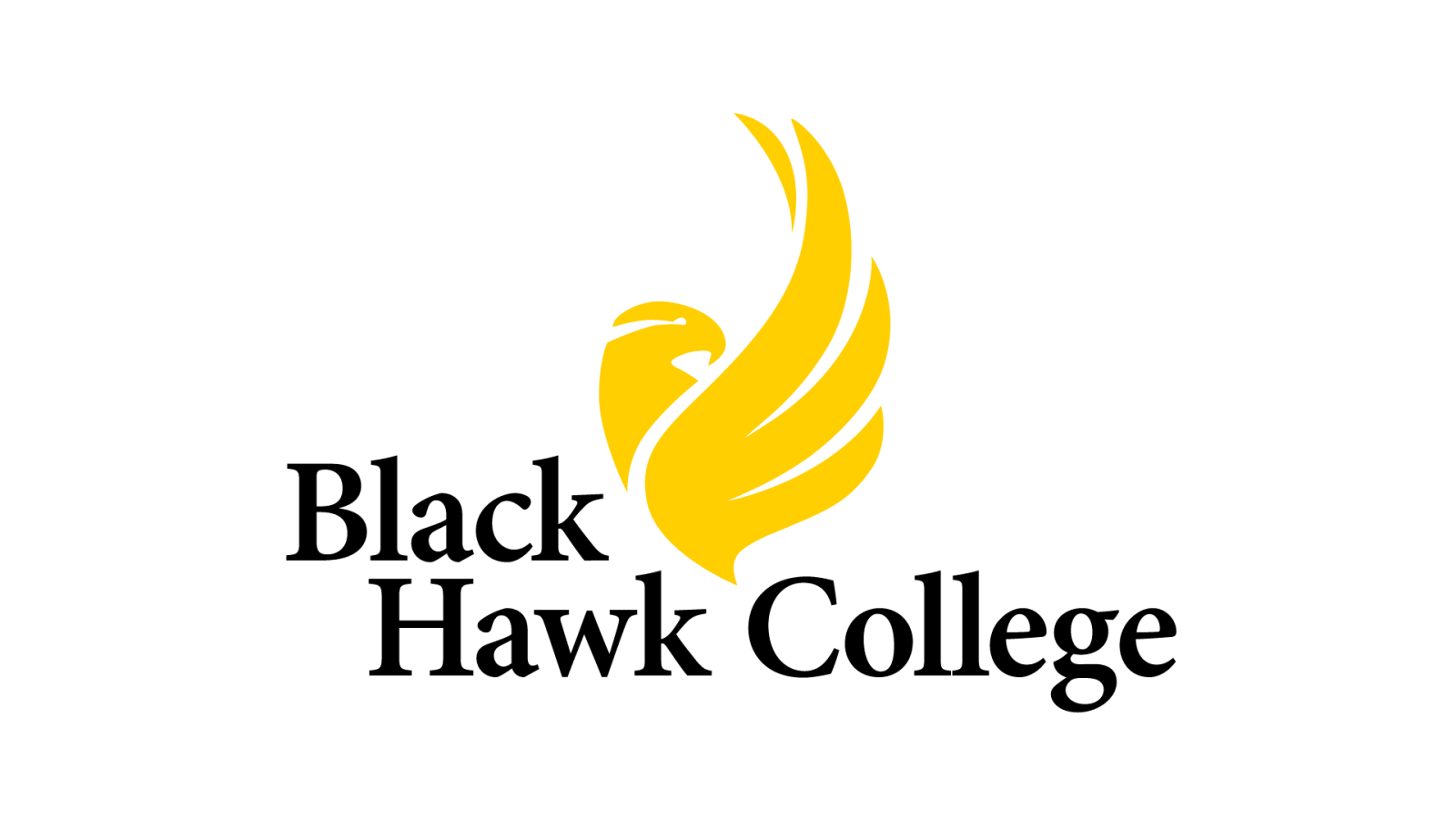 Logo with illustrated gold hawk icon above words black hawk college.