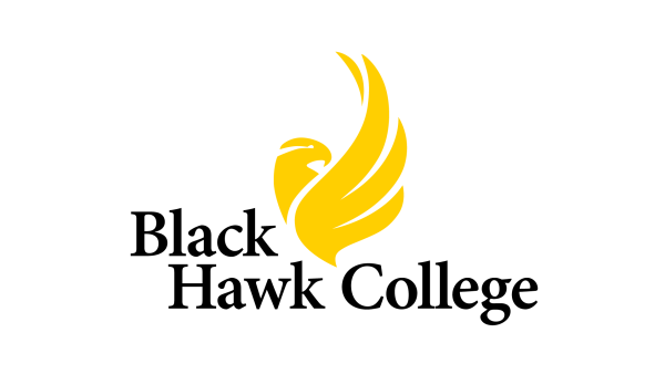Logo with illustrated gold hawk icon above words black hawk college.