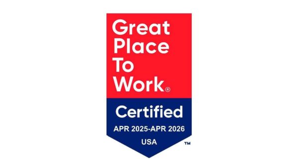 Red and blue badge with the words "great place to work certified apr 2025-apr 2026 usa. "