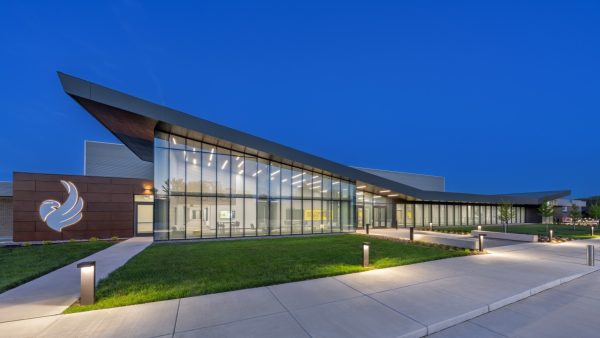 exterior of Building 3 dusk evening.