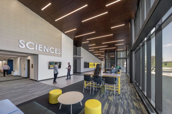 Library Modern lobby with seating and signage.