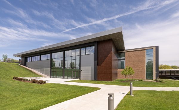 Modern building with green landscape