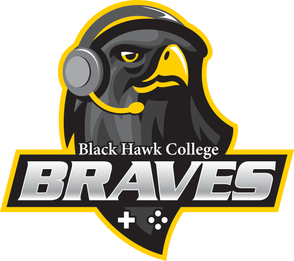 Illustration of hawk head wearing headset with text black hawk college braves.