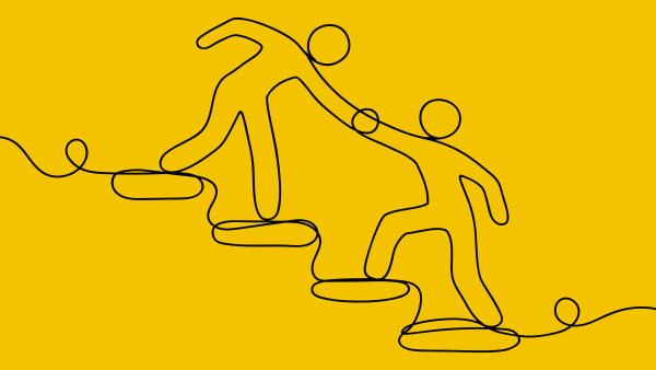 Illustration of one person reaching down to help another person up a step.