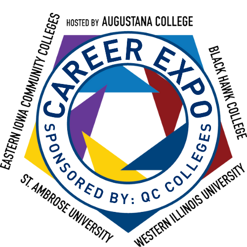 Multicolored hexagonal logo with text career expo sponsored by qc colleges and names of 5 schools around logo.