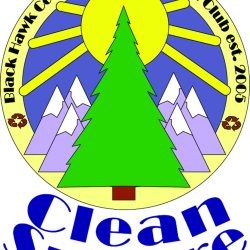 Illustration of tree, mountains and sun with text clean sphere black hawk college environmental club est. 2005.