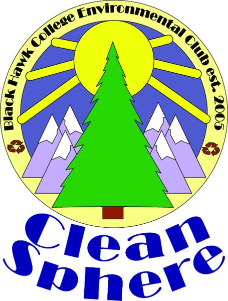 Illustration of tree, mountains and sun with text clean sphere black hawk college environmental club est. 2005.