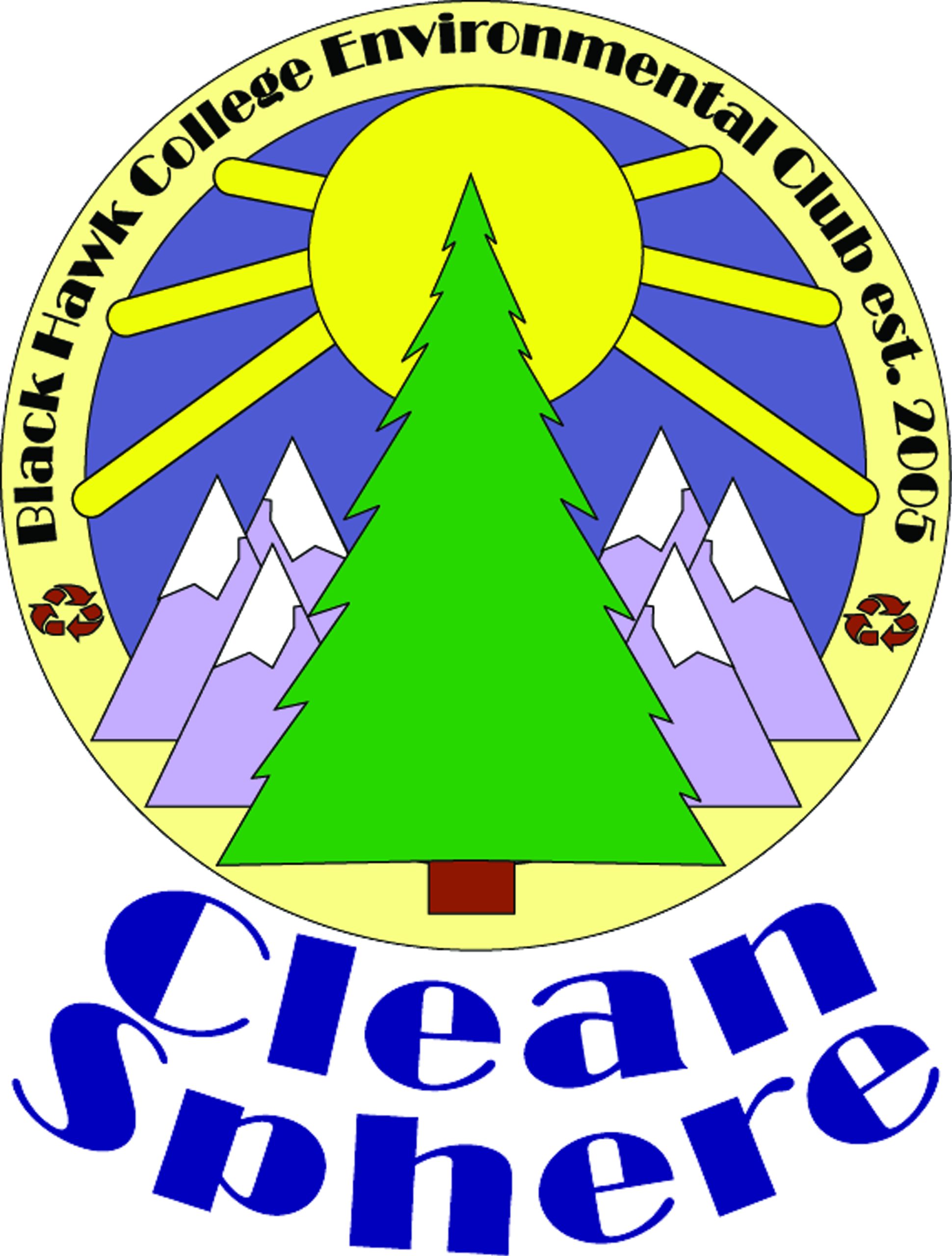 illustration of tree, mountains and sun with text Clean Sphere Black Hawk College Environmental Club est. 2005.