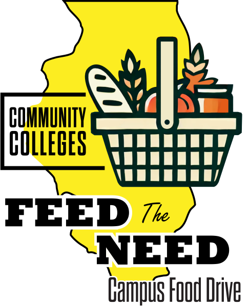 Illustration of state of illinois with basket of food and text community colleges feed the need campus food drive.