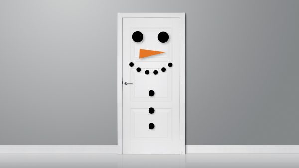 Illustration of apartment door with snowman face and buttons on it.