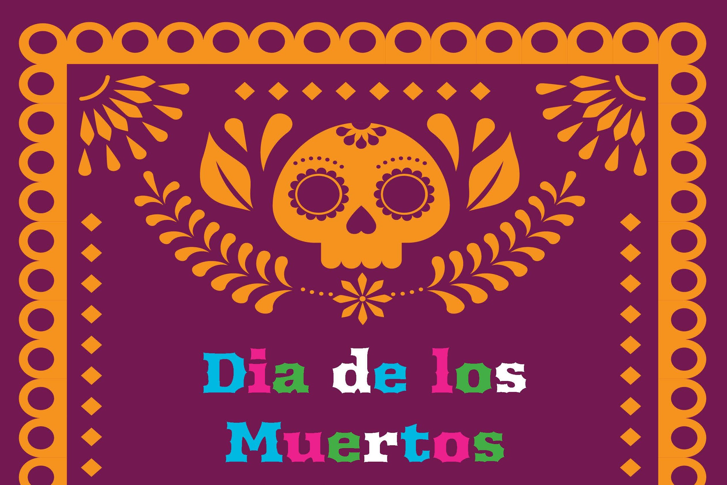illustration of skull surrounded by decorative border and text Dia de los Muertos.