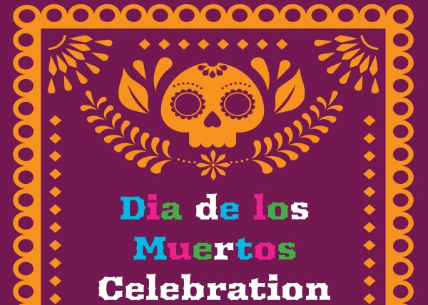 Illustration of skull surrounded by decorative border and text dia de los muertos celebration.