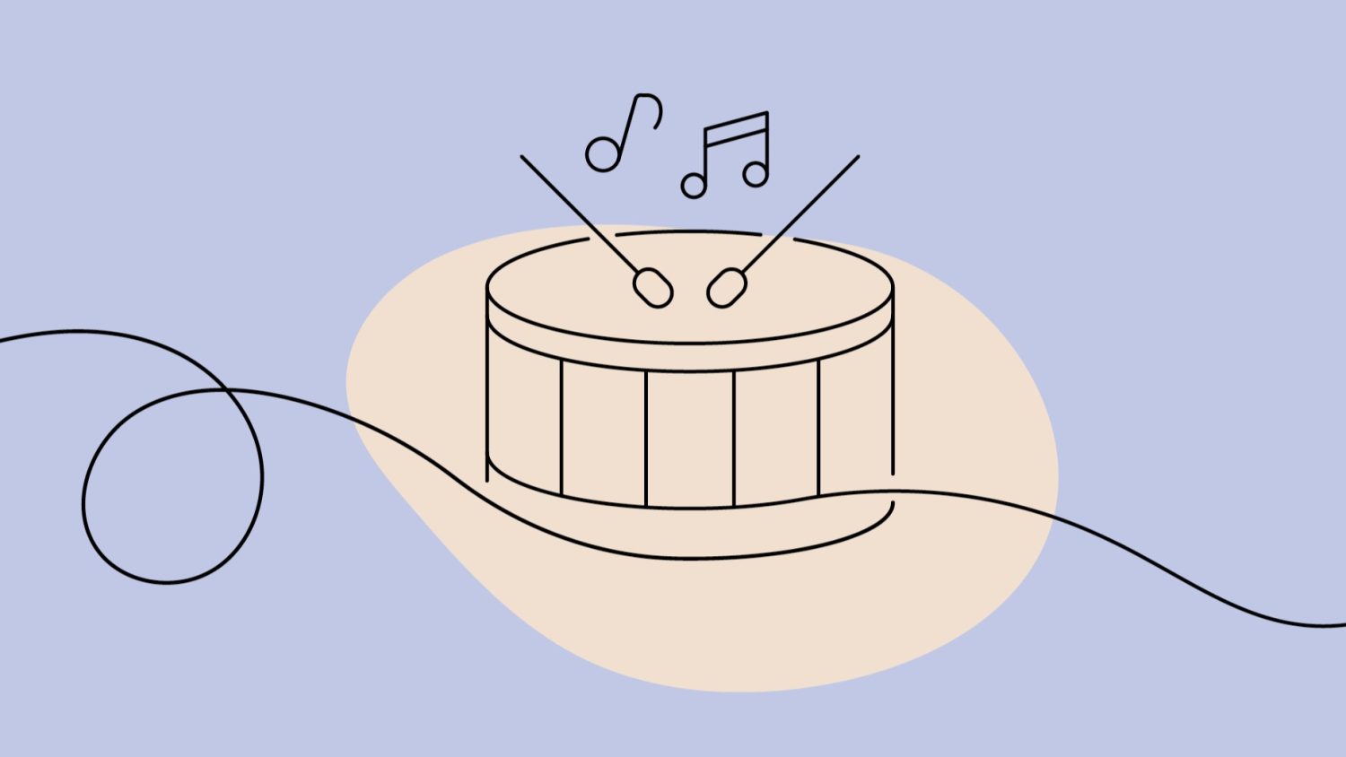 Illustration of a drum, drum sticks and musical notes.