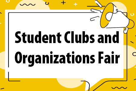 Thought bubble with megaphone and text student clubs and organizations fair.