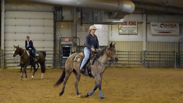 Two riders on horses in arena.