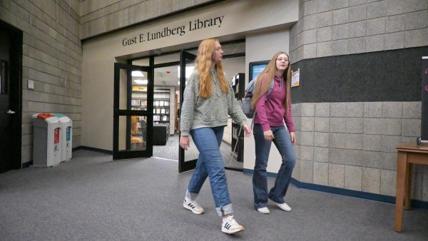 Two students walking in library