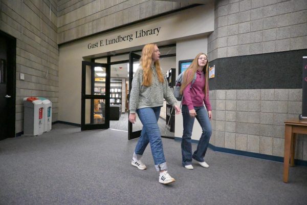 Two students walking in library