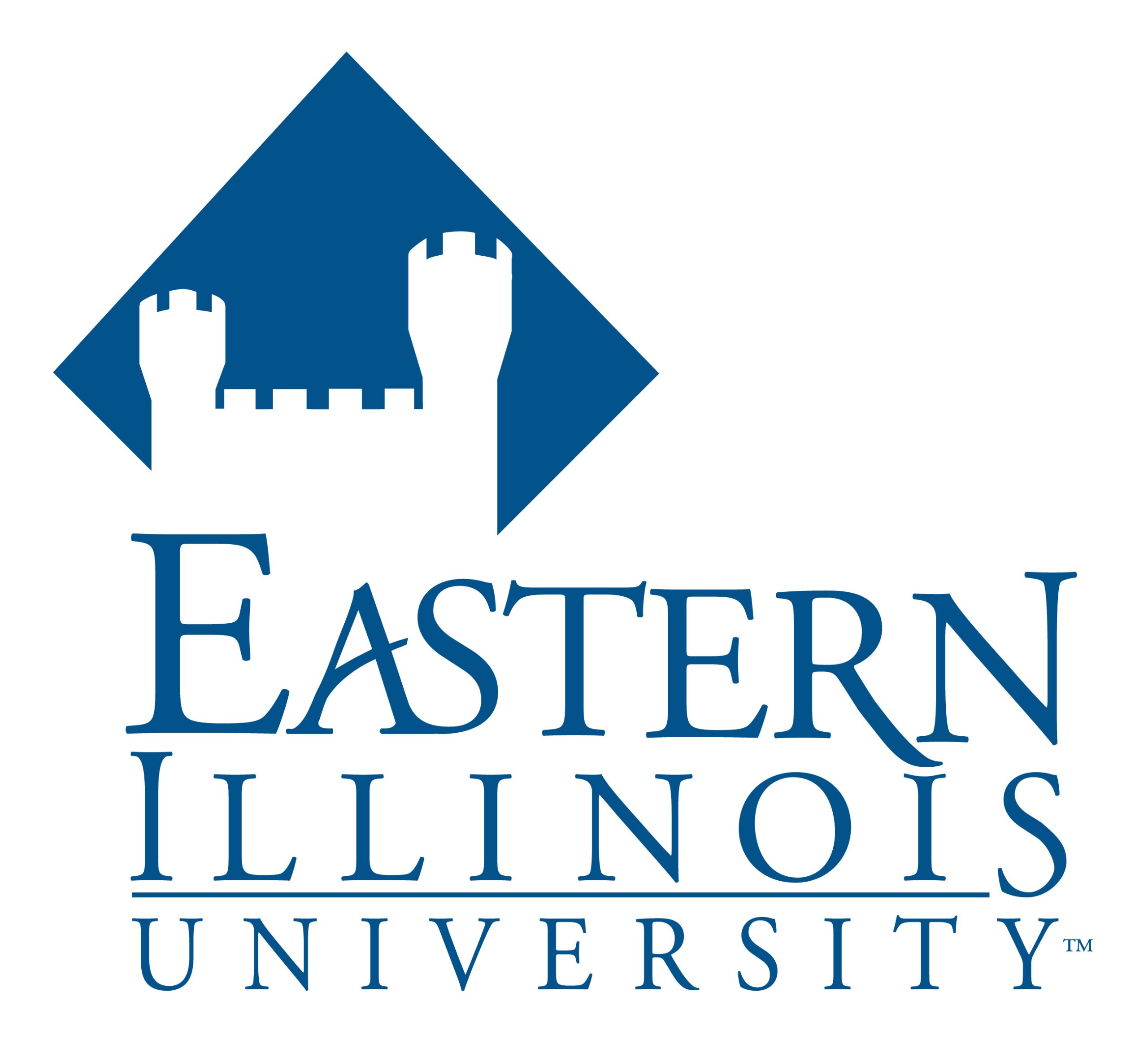 Eastern illinois university logo. A diamond with the outline of a castle. Blue letters and graphic.
