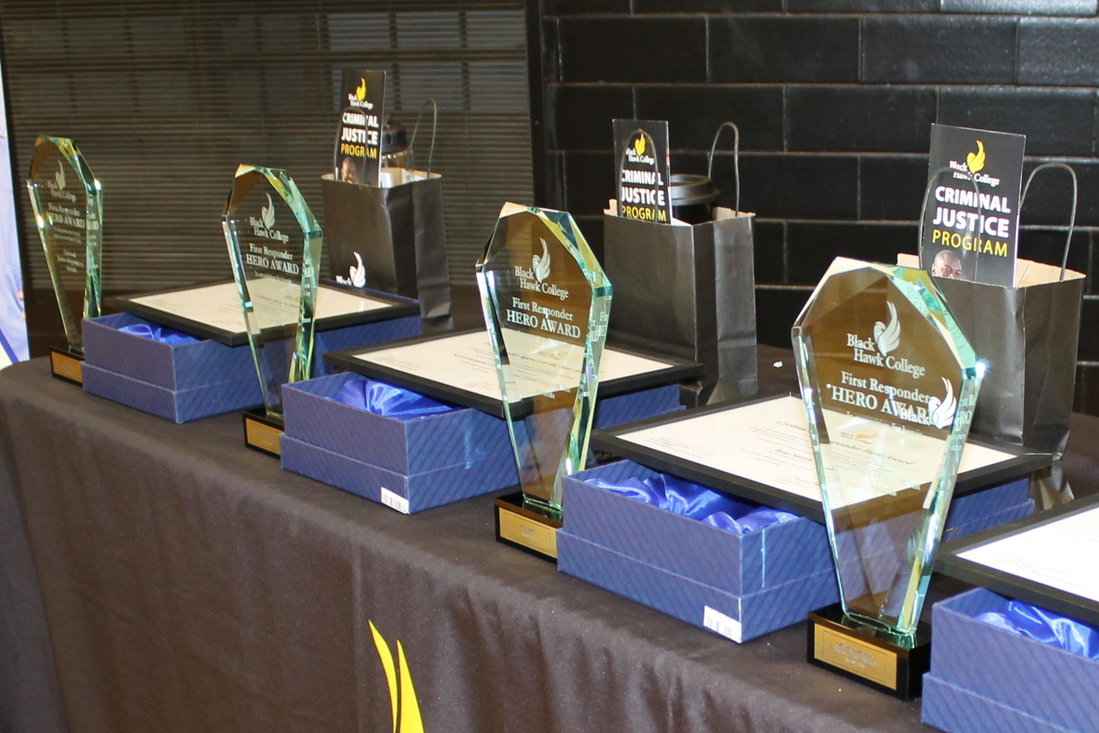 Awards on a table.
