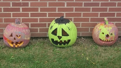 3 painted and carved pumpkins with frankenstein theme.
