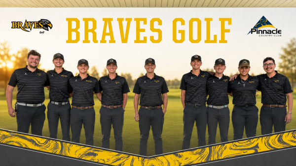 Black hawk college braves men’s golf team standing together on a golf course beneath the “braves golf” title, with braves golf and pinnacle country club logos above.
