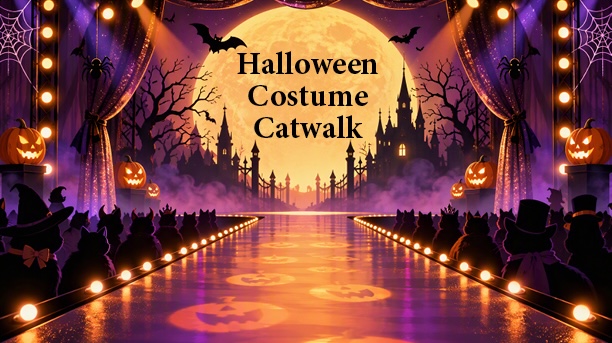 Illustration of theatre stage and catwalk with halloween backdrop and decor.