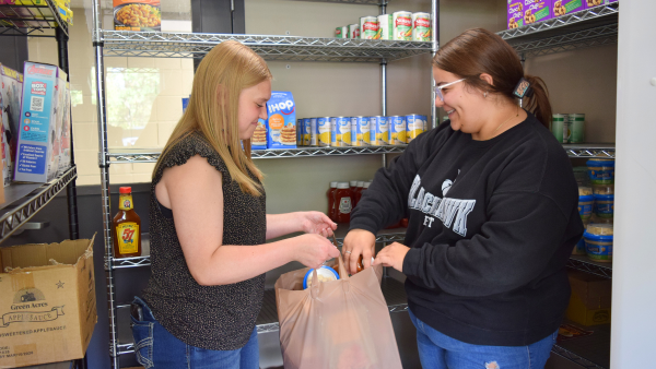 Two girls putting food in a grocery bag