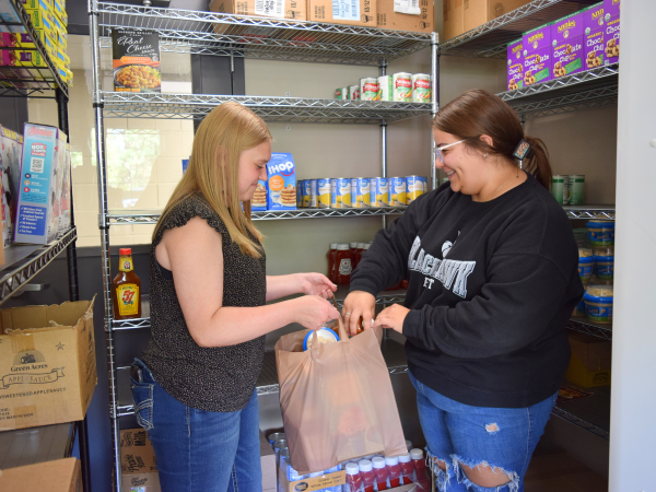 Two girls putting food in a grocery bag