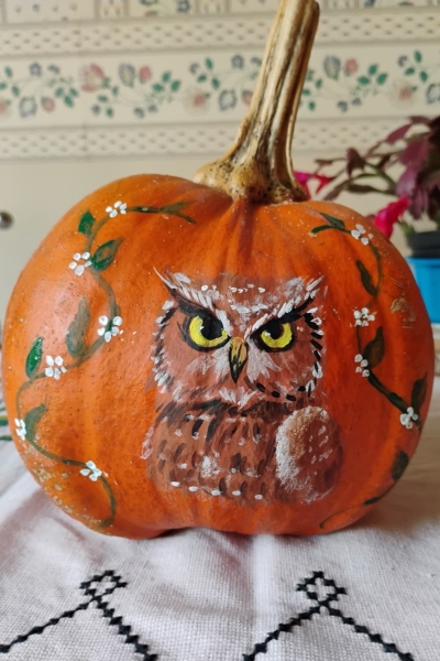 Owl and flowers painted on a pumpkin.