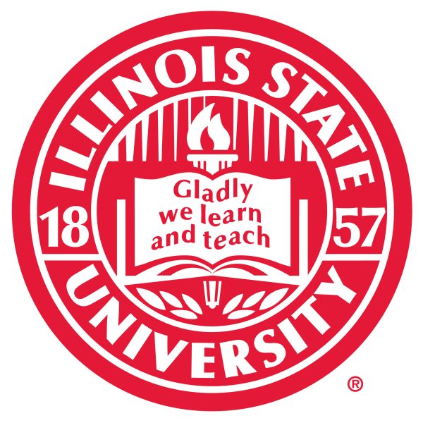 Illinois state university seal. A red logo with the words "illinois state university, 1857, gladly we learn and teach. "